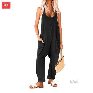 Sleeveless Jumpsuit with Pockets, Loose Fit, Polyester, Size Medium
